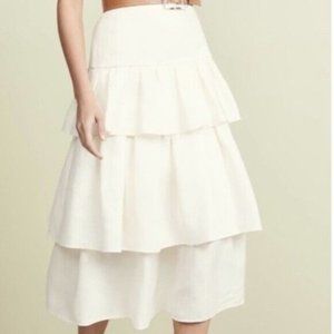 $495 THEORY Spring Layered Cake Ruffle White 100% Linen Cream Tier Maxi Skirt 10